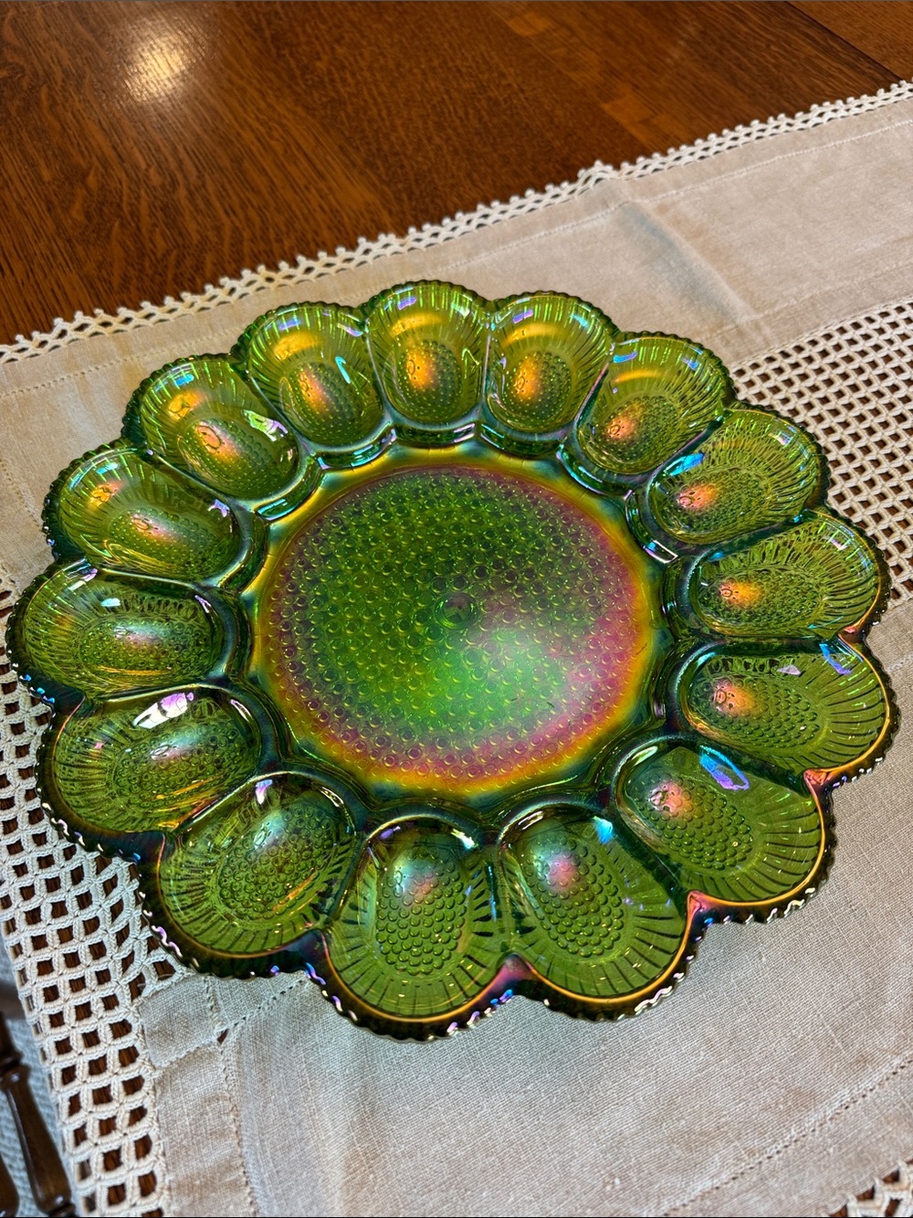 Iridescent Green Carnival Glass Egg Plate - Decorative Glass Serving Tray